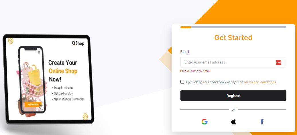 QShop Online Store platform Register page